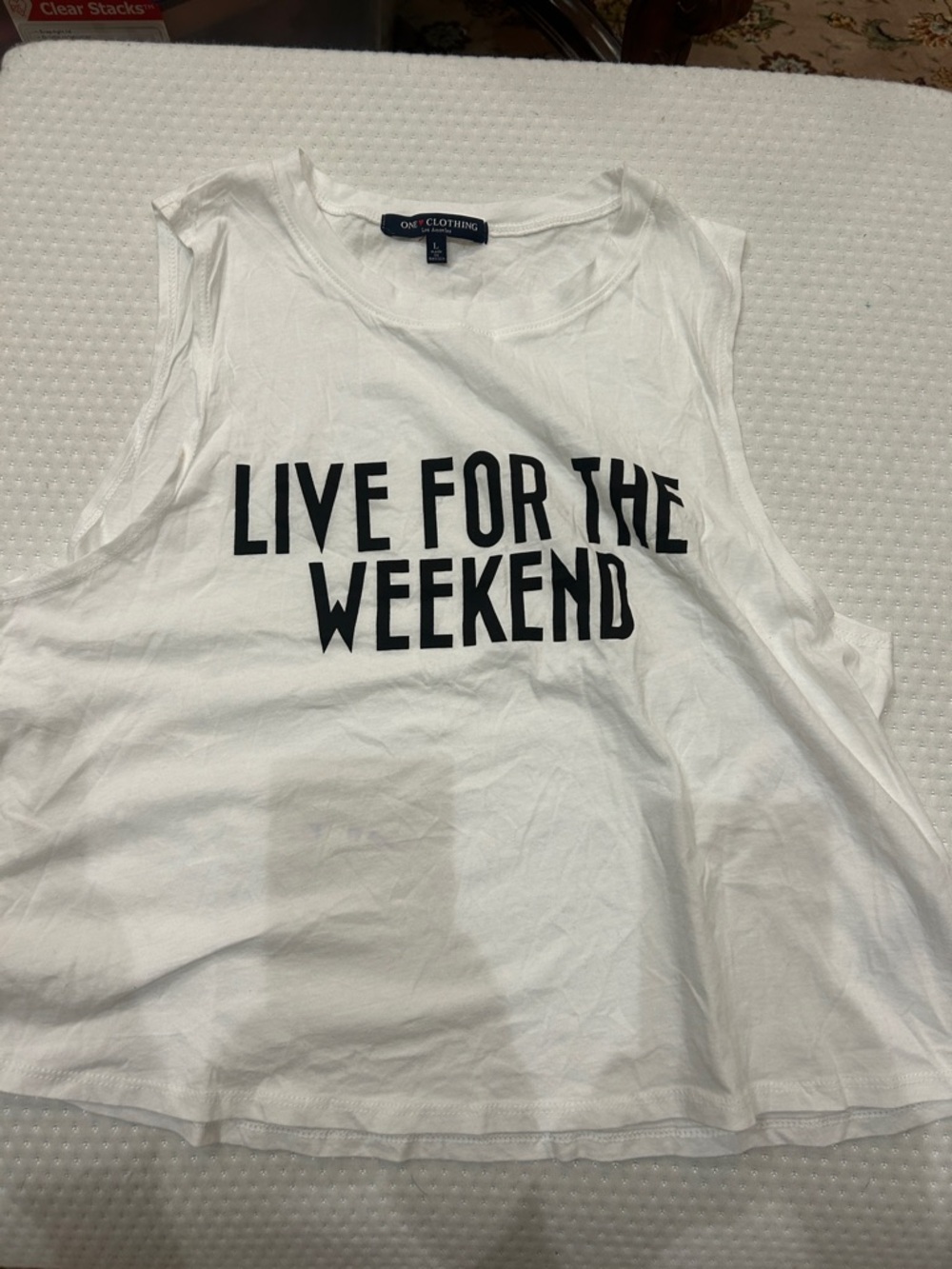 White Muscle Tank with 'LIVE FOR THE WEEKEND' Graphic-L-NWOT